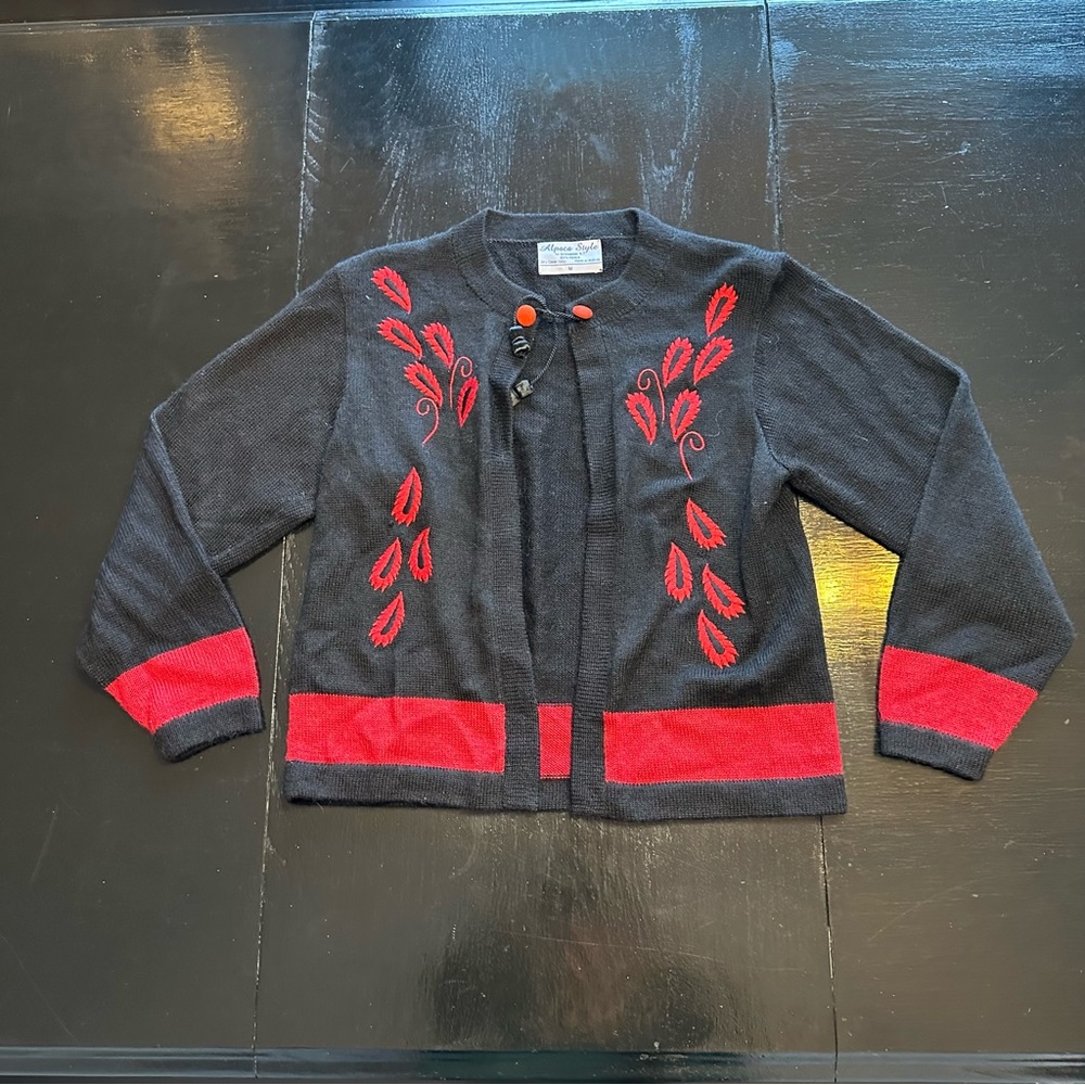 Vintage Alpaca Style Small Blue and Red Knit Cardigan Made In Bolivia 90s y2k